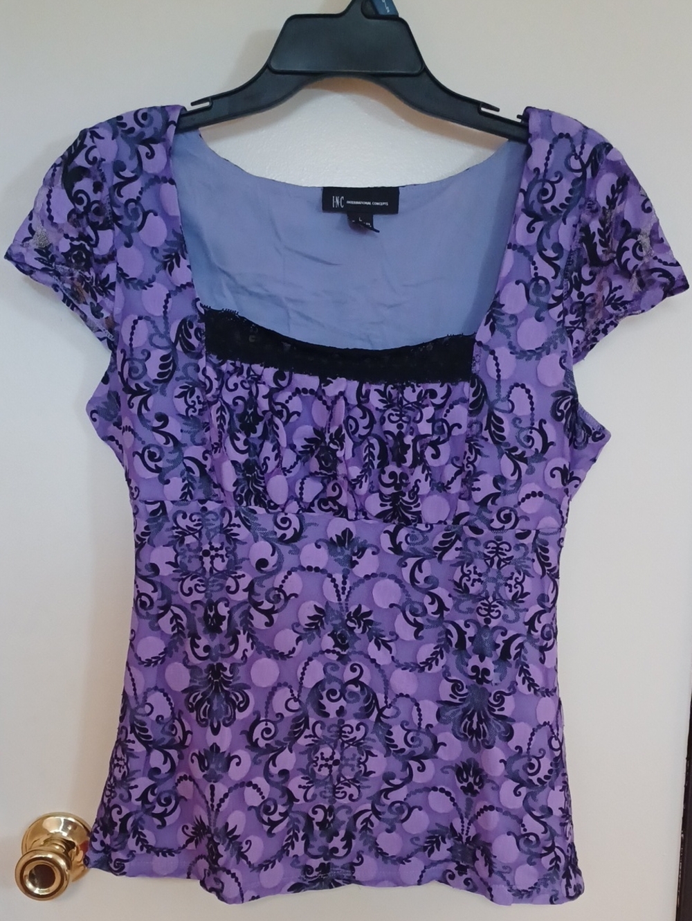 INC International Concepts Purple Lace-Trim Cap Sleeve Blouse